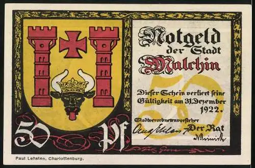 Notgeld Malchin 1922, 50 Pfennig, St. Johanniskirche, Stadtwappen