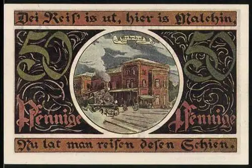 Notgeld Malchin 1922, 50 Pfennig, Bahnhof, Stadtwappen