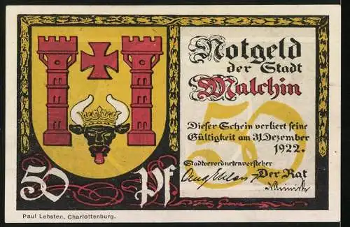 Notgeld Malchin 1922, 50 Pfennig, Steintor, Stadtwappen