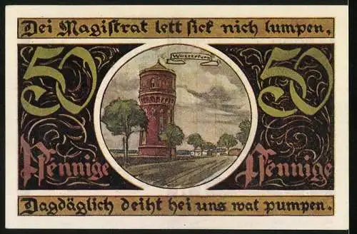 Notgeld Malchin 1922, 50 Pfennig, Wasserturm, Stadtwappen