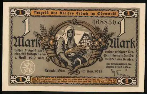 Notgeld Erbach i. Odw. 1918, 1 Mark, Bäuerin mit Ähren