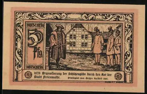 Notgeld Freienwalde in Pom., 50 Pfennig, Organisierung der Schützengilde durch den Rat der Stadt 1673