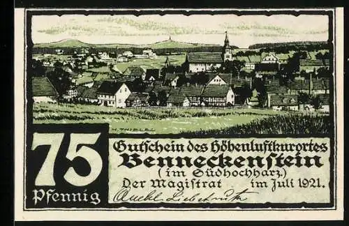 Notgeld Benneckenstein im Südhochharz 1921, 75 Pfennig, Teilansicht mit Kirche