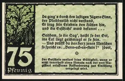 Notgeld Benneckenstein im Südhochharz 1921, 75 Pfennig, Teilansicht mit Kirche