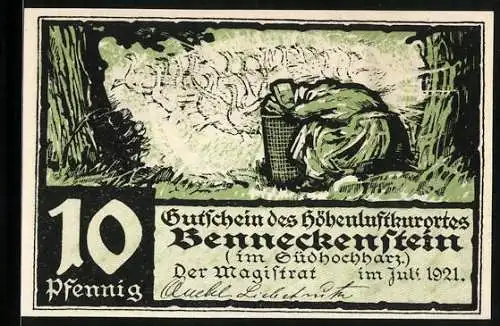 Notgeld Benneckenstein im Südhochharz 1921, 10 Pfennig, Frau mit Korb und Gänsen