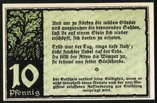 Notgeld Benneckenstein im Südhochharz 1921, 10 Pfennig, Frau mit Korb und Gänsen