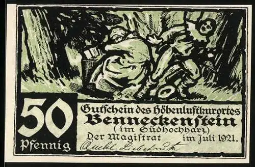Notgeld Benneckenstein im Südhochharz 1921, 50 Pfennig, Alte Frau und Mann im Wald