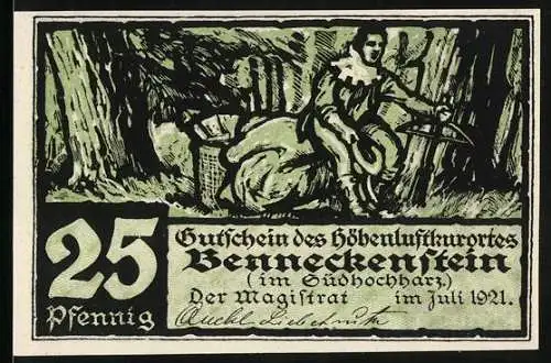 Notgeld Benneckenstein im Südhochharz 1921, 25 Pfennig, Alte Frau und Mann mit Armbrust