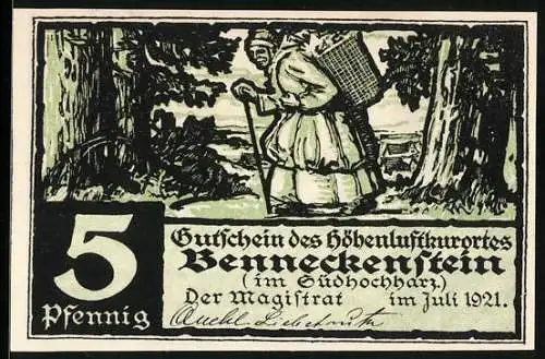 Notgeld Benneckenstein im Südhochharz 1921, 5 Pfennig, Alte Frau mit einem Korb