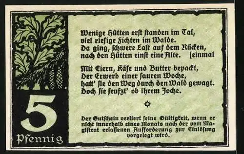 Notgeld Benneckenstein im Südhochharz 1921, 5 Pfennig, Alte Frau mit einem Korb