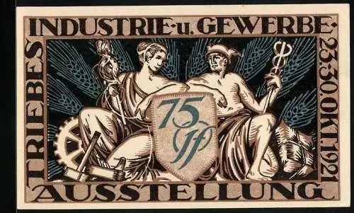 Notgeld Triebes 1921, 75 Pfennig, Industrie- u. Gewerbe-Ausstellung 1921, Mann und Frau mit Schild