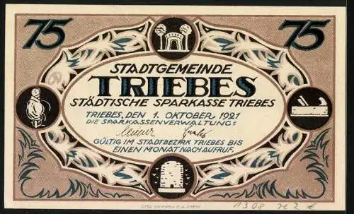 Notgeld Triebes 1921, 75 Pfennig, Industrie- u. Gewerbe-Ausstellung 1921, Mann und Frau mit Schild