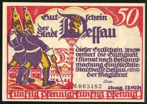 Notgeld Dessau 1921, 50 Pfennig, Anna Liese, Lange Kerls vor der Stadt