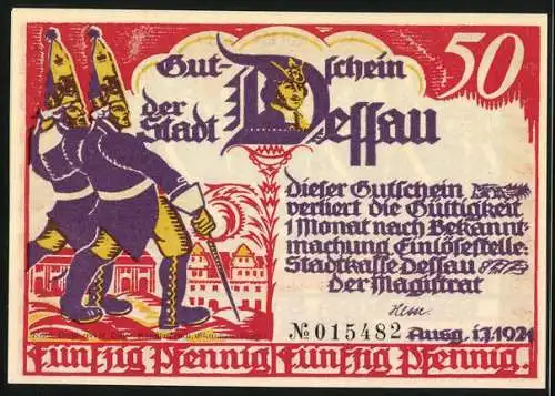 Notgeld Dessau 1921, 50 Pfennig, Schlachtenszene, Lange Kerls vor der Stadt