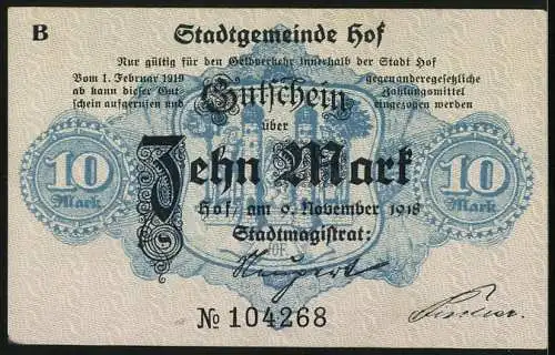 Notgeld Hof 1918, 10 Mark, Stadtwappen