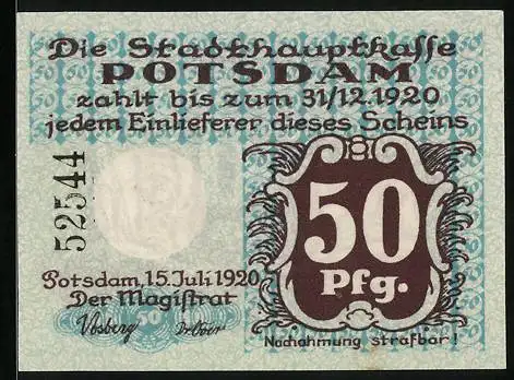 Notgeld Potsdam 1920, 50 Pfennig, Stadtsiegel, Justitia