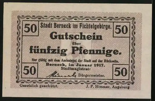Notgeld Berneck im Fichtelgebirge 1917, 50 Pfennig, Stadtwappen