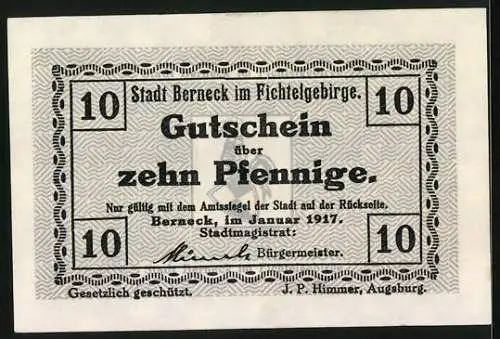 Notgeld Berneck im Fichtelgebirge 1917, 10 Pfennig, Stadtwappen