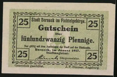 Notgeld Berneck im Fichtelgebirge 1917, 25 Pfennig, Stadtwappen