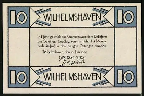 Notgeld Wilhelmshaven, 10 Pfennig, Stadtwappen mit Krone