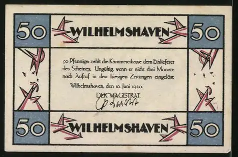 Notgeld Wilhelmshaven, 50 Pfennig, Fabriken mit Segelbooten