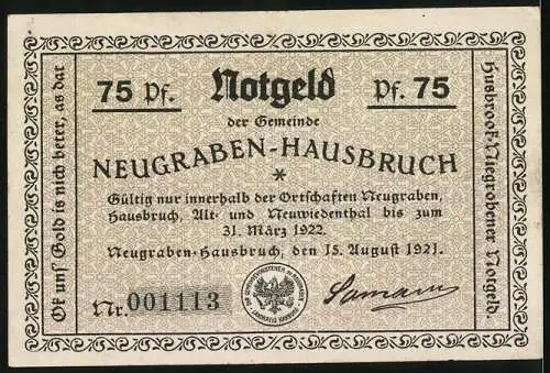Notgeld Neugraben-Hausbruch 1921, 75 Pfennig, Drei Herren mit Sarg vor dem Gasthaus