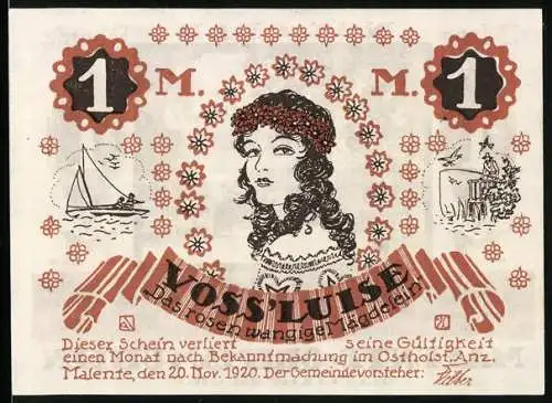 Notgeld Malente-Gremsmühlen 1920, 1 Mark, Luise Voss, Uklei-See