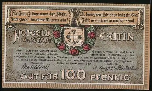 Notgeld Eutin 1920, 100 Pfennig, Ortspartie, Wappen