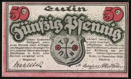Notgeld Eutin 1920, 50 Pfennig, Schloss, Wappen