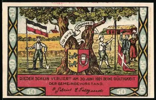 Notgeld Steinfeld /Kreis Schleswig 1921, 50 Pfennig, Bauern hissen Fahne neben Baum mit Wappen