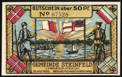 Notgeld Steinfeld /Kreis Schleswig 1921, 50 Pfennig, Bauern hissen Fahne neben Baum mit Wappen