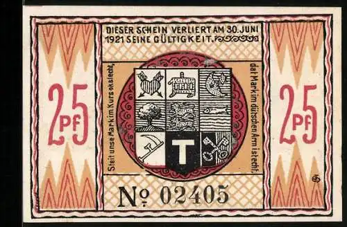 Notgeld Steinfeld /Schleswig 1920, 25 Pfennig, Stadtwappen