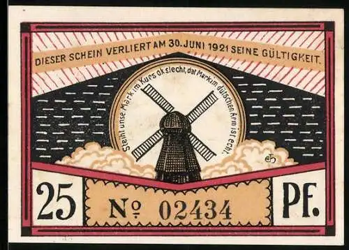 Notgeld Steinfeld /Schleswig 1920, 25 Pfennig, Windmühle, Bauer mit Pflug
