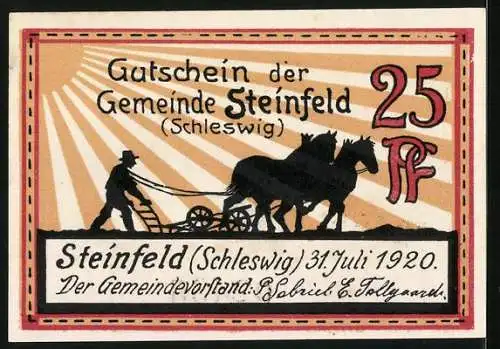 Notgeld Steinfeld /Schleswig 1920, 25 Pfennig, Windmühle, Bauer mit Pflug