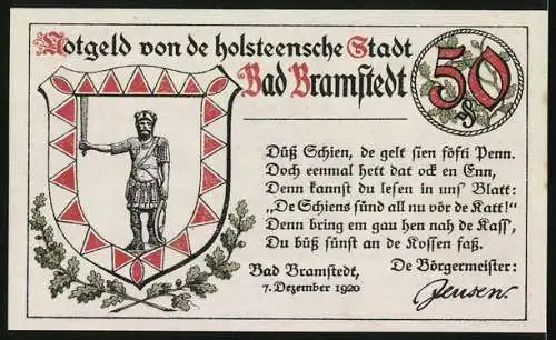 Notgeld Bad Bramstedt 1920, 50 Pfennig, Bramstedter Bauern mit Roland, Stadtsiegel