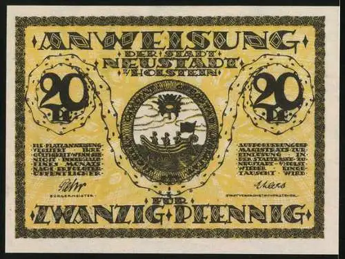 Notgeld Neustadt i. Holstein, 20 Pfennig, Gebäudeansicht, Stadtsiegel