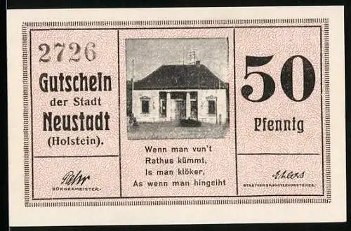 Notgeld Neustadt /Holstein, 50 Pfennig, Rathaus
