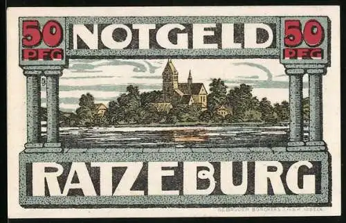 Notgeld Ratzeburg, 50 Pfennig, Uferpartie mit Dom, Razivia die Ratgeberin