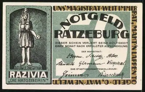 Notgeld Ratzeburg, 50 Pfennig, Uferpartie mit Dom, Razivia die Ratgeberin