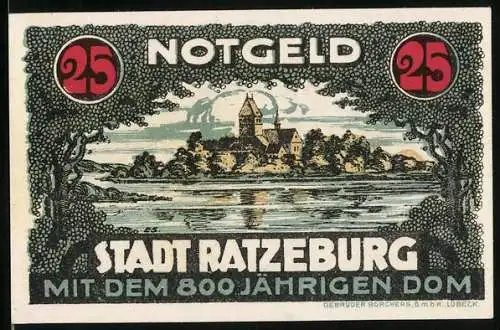 Notgeld Ratzeburg, 25 Pfennig, Uferpartie mit dem Dom