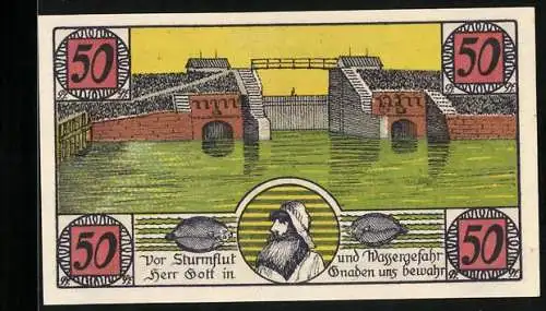 Notgeld Hoyer 1920, 50 Pfennig, Staudamm und Fischer, Stadtwappen