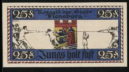 Notgeld Flensburg 1920, 25 Pfennig, Eine Seite gewinnt das Tauziehen