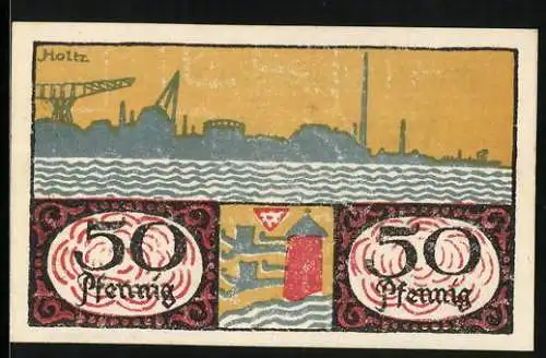 Notgeld Flensburg 1919, 50 Pfennig, Uferpartie mit Kran, Stadtwappen