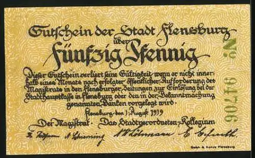 Notgeld Flensburg 1919, 50 Pfennig, Uferpartie mit Kran, Stadtwappen