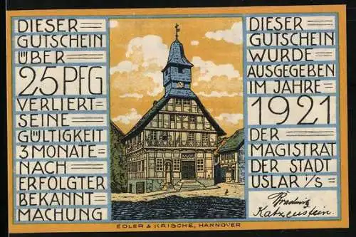 Notgeld Uslar i. S., 1921, 25 Pfennig, Rathaus, Stadtwappen