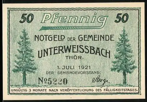 Notgeld Unterweissbach /Thür. 1921, 50 Pfennig, Porzellan, Tannen