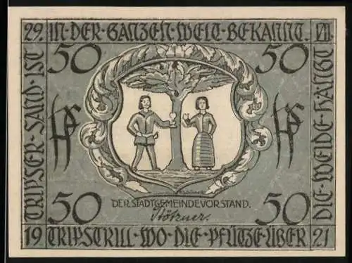 Notgeld Triptis 1921, 50 Pfennig, Paar mit Glas am Baum