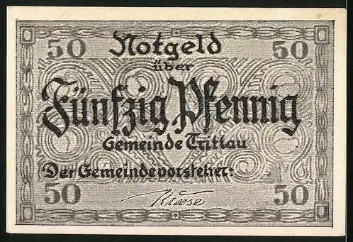 Notgeld Trittau /Schleswig Holstein, 50 Pfennig, Ortspartie, Wappen