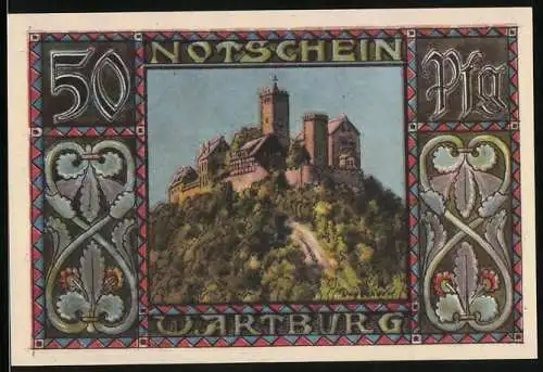 Notgeld Eisenach, 50 Pfennig, Wartburg, Löwe, Fuchs, Esel