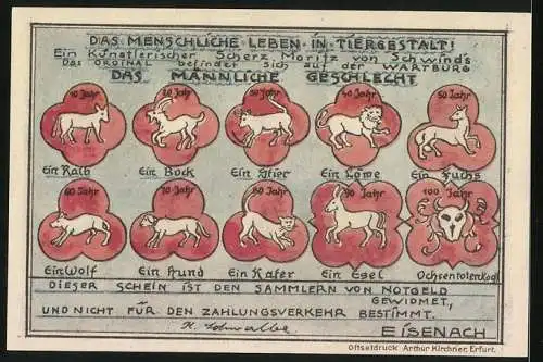 Notgeld Eisenach, 50 Pfennig, Wartburg, Löwe, Fuchs, Esel